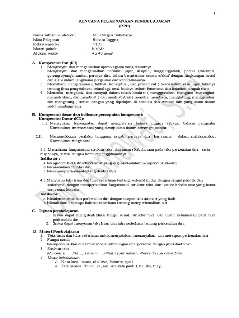 Rpp Bahasa Inggris Kelas 7 Semester 1