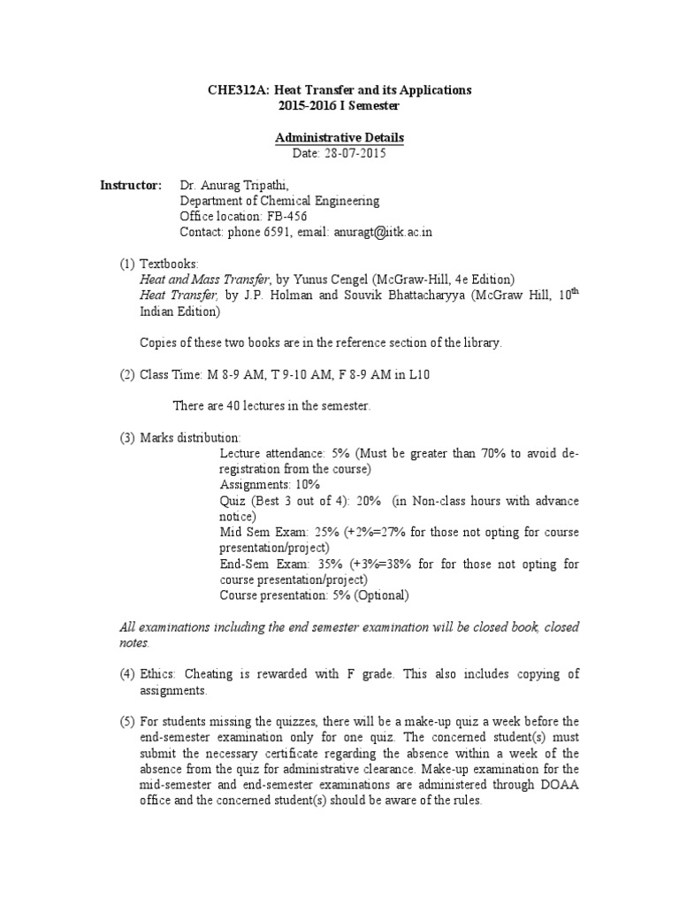 CHE312A Policy | Heat Transfer | Thermal Conduction