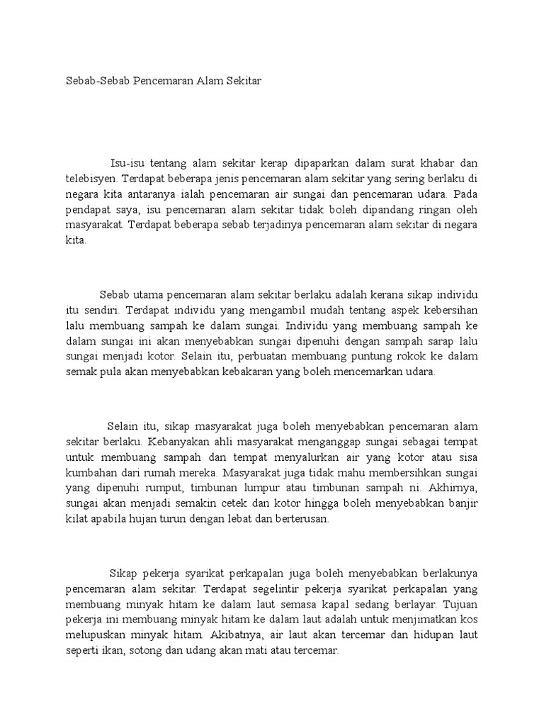 Sebab Sebab Pencemaran Alam Sekitar Pdf