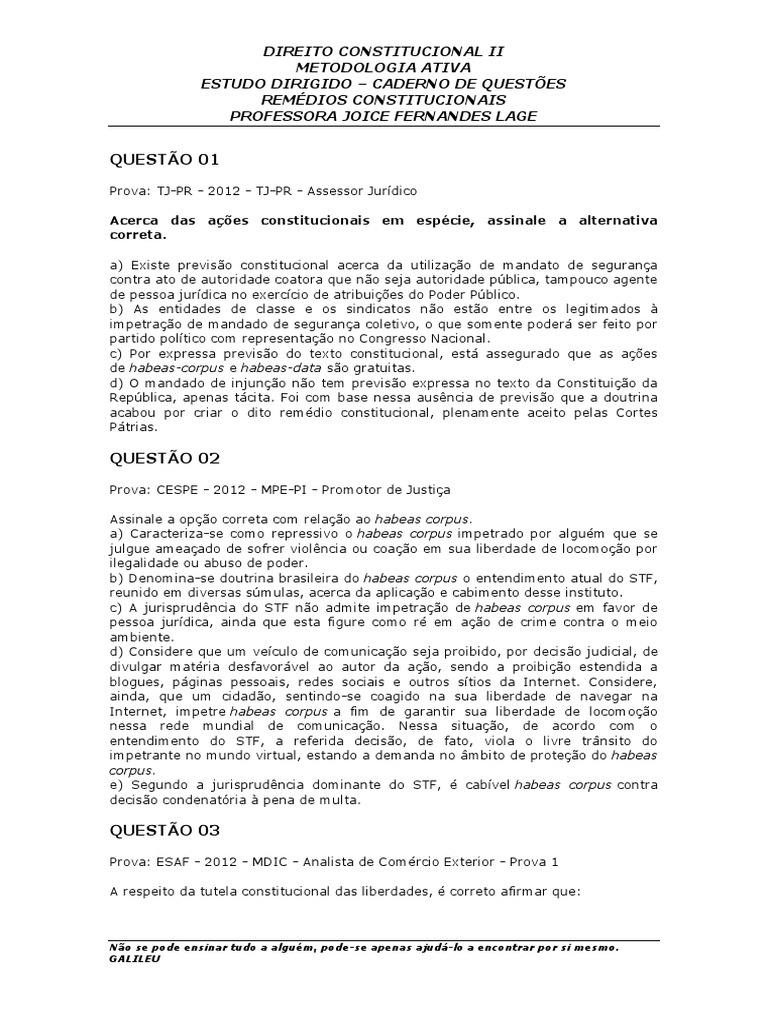 Questões sobre Remédios Constitucionais | PDF | Habeas corpus | Mandamus