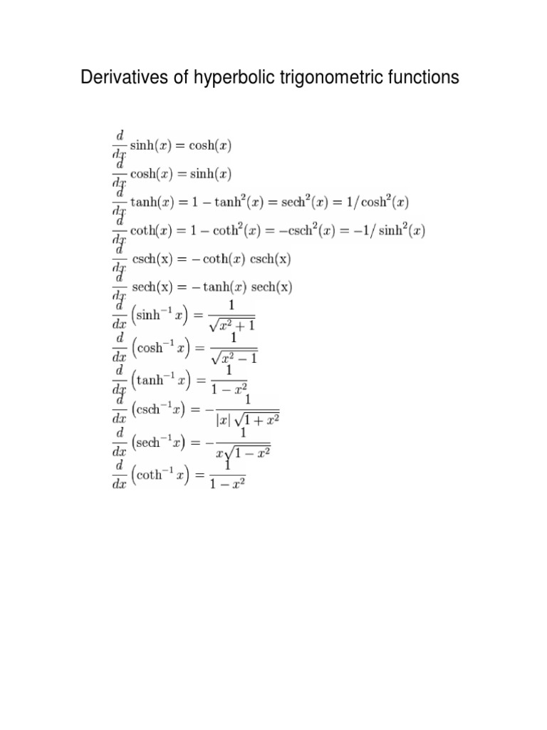 Derivatives of hyperbolic functions pdf