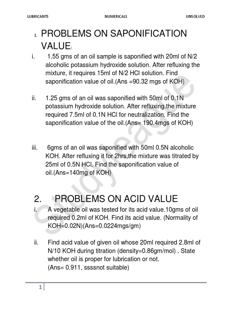Saponification and Acid Value Problems | PDF | Science & Mathematics ...