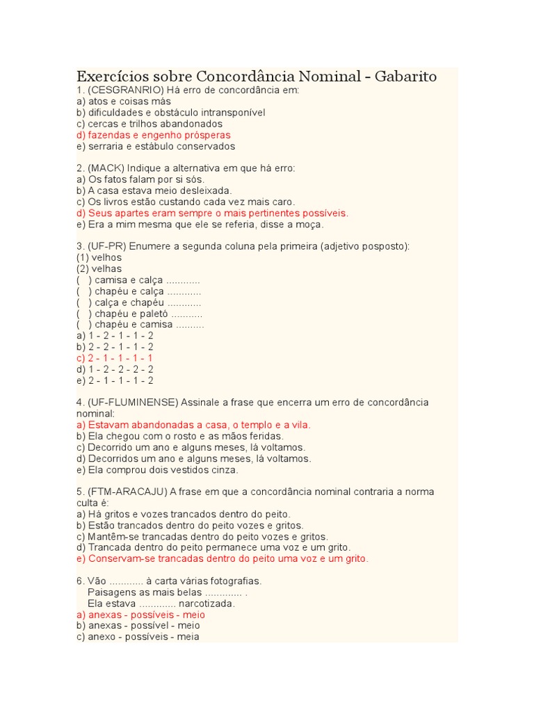 Exercícios de Concordância Nominal com Gabarito | PDF | Violência