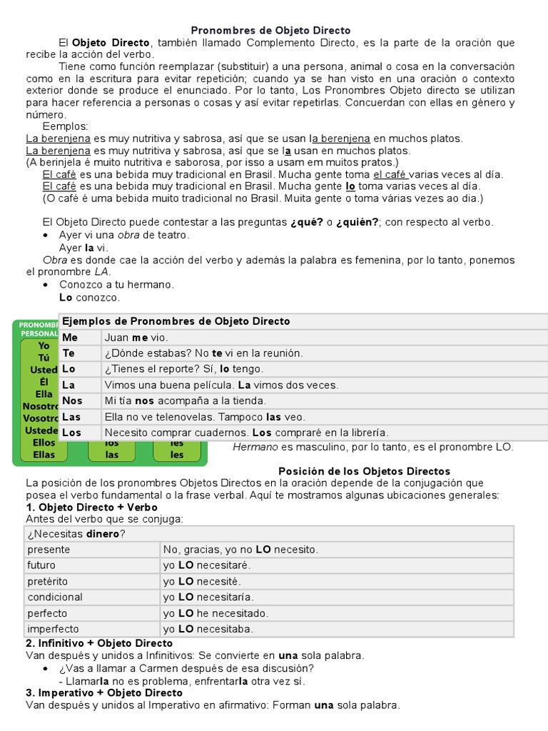 Pronombres de Objeto Directo en Español | PDF | Objeto (gramática) | Verbo