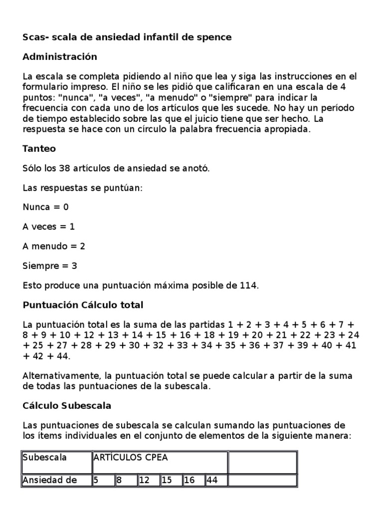 Escala de Ansiedad Infantil de Spence | PDF | Ansiedad | Diagnostico medico