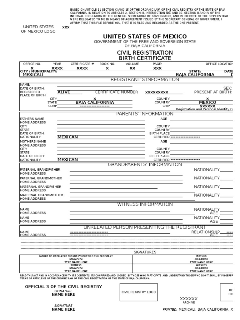 Baja California Birth Certificate Translation  PDF  Birth Certificate For Uscis Birth Certificate Translation Template