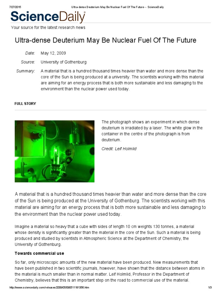 UltraDense Deuterium May Be Nuclear Fuel of The Future ScienceDaily PDF Nuclear Fusion