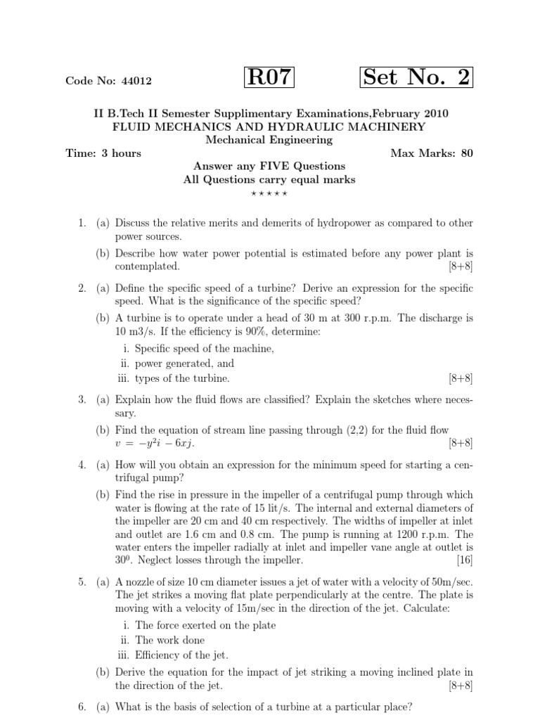 Fluid Mechanics Exam Questions 2010 | PDF | Turbine | Pump