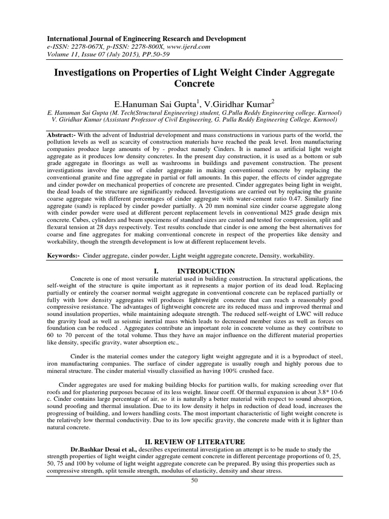 Investigations On Properties Of Light Weight Cinder Aggregate Concrete