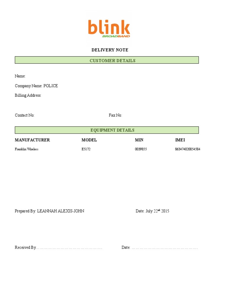 Delivery Note: Customer Details | PDF