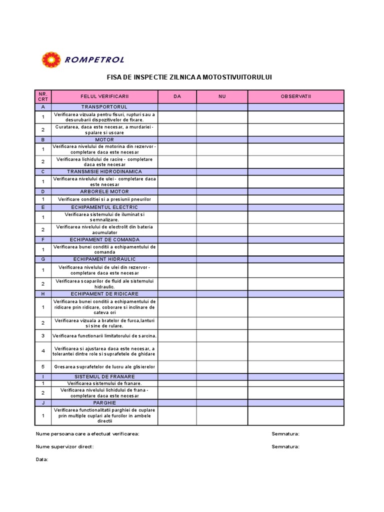 Fisa de Inspectie Zilnica Motostivuitor | PDF