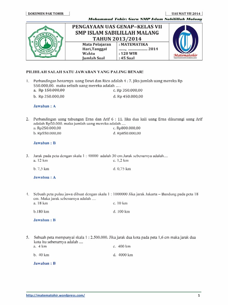 soaldankuncijawabanuasmatematikasmpsemester2kelas7tahun2014