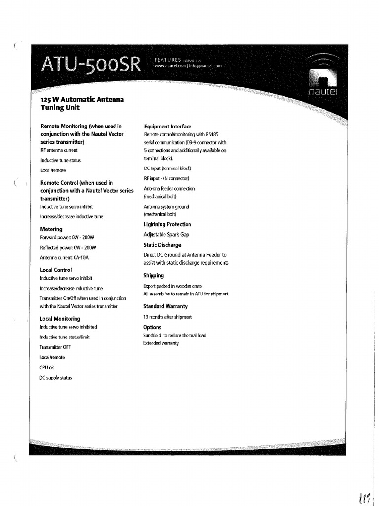 ATU500 Automatic Antenna Tuning Unit Data Sheet | PDF | Radio | Electronics