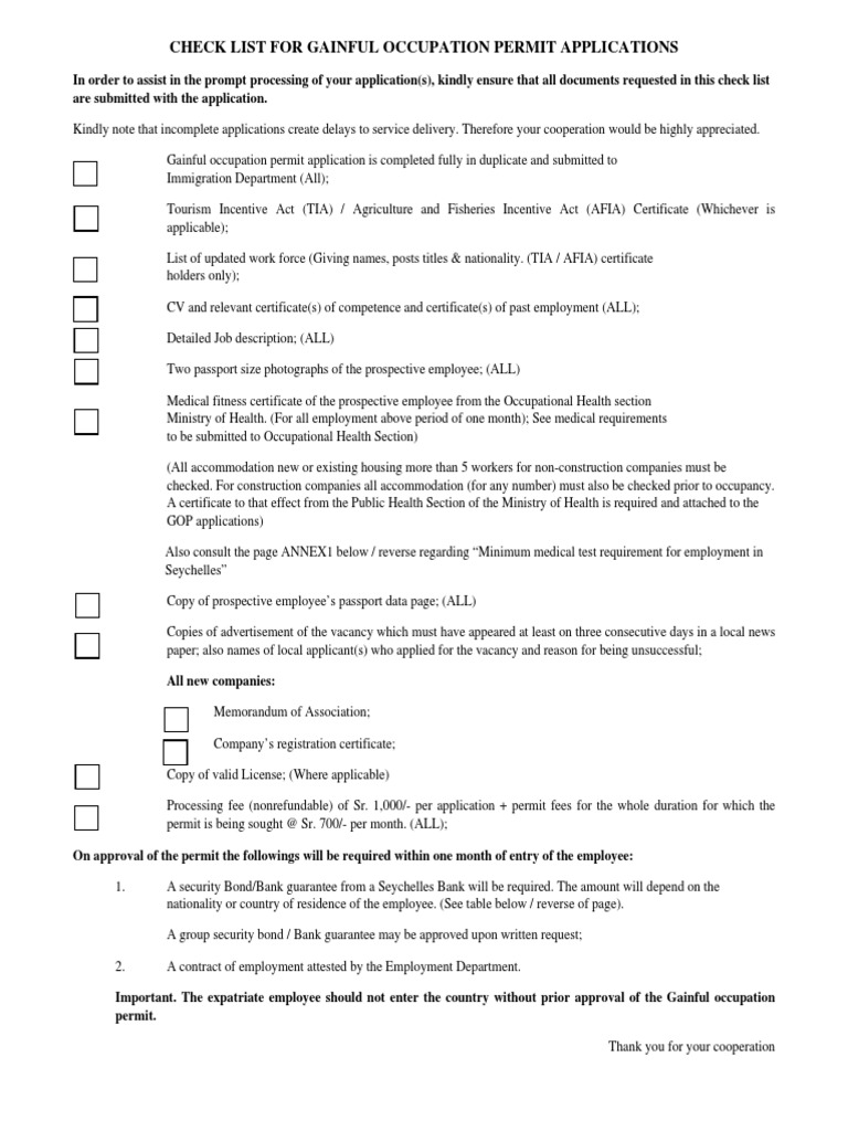 Application for Gainful Occupational Permit Test (Assessment