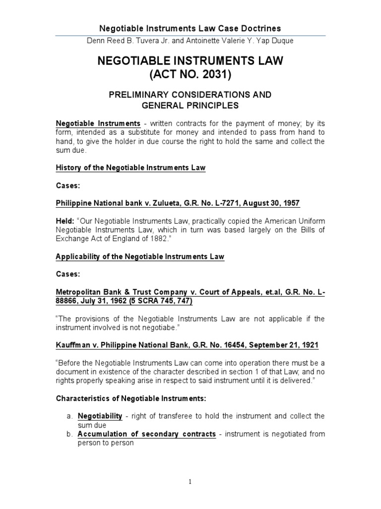 Negotiable Instruments Law Case Doctrines Negotiable Instrument Cheque