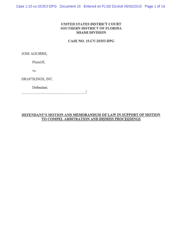 DraftKings' Motion To Compel Arbitration PDF Arbitration Lawsuit