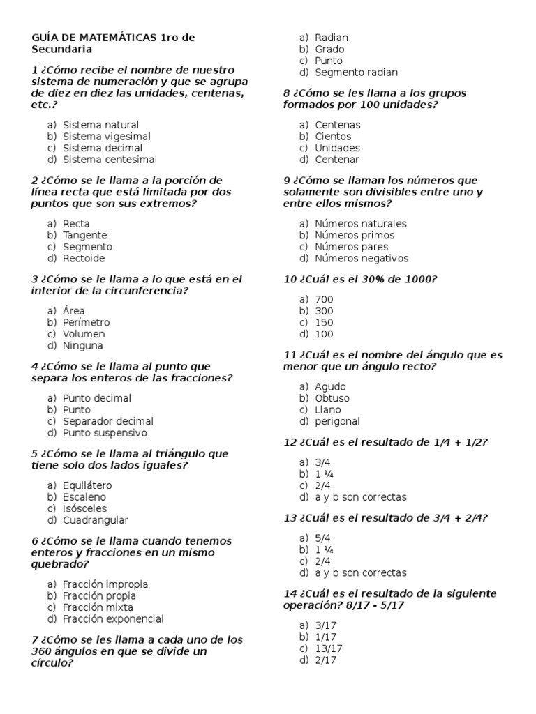 Guía De Matemáticas 1Ro De Secundaria