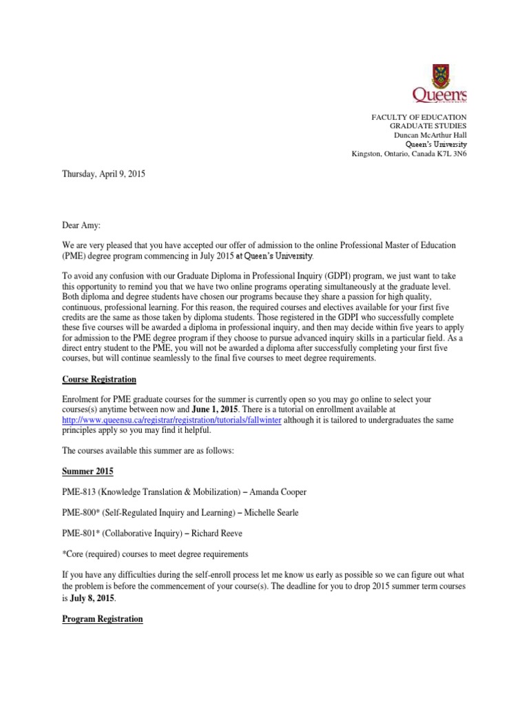Queen's PME Admission Confirmation | PDF | Academic Degree | Graduate ...
