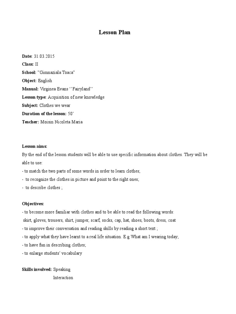 Lesson Plan Clothes (2) | Lesson Plan | Vocabulary