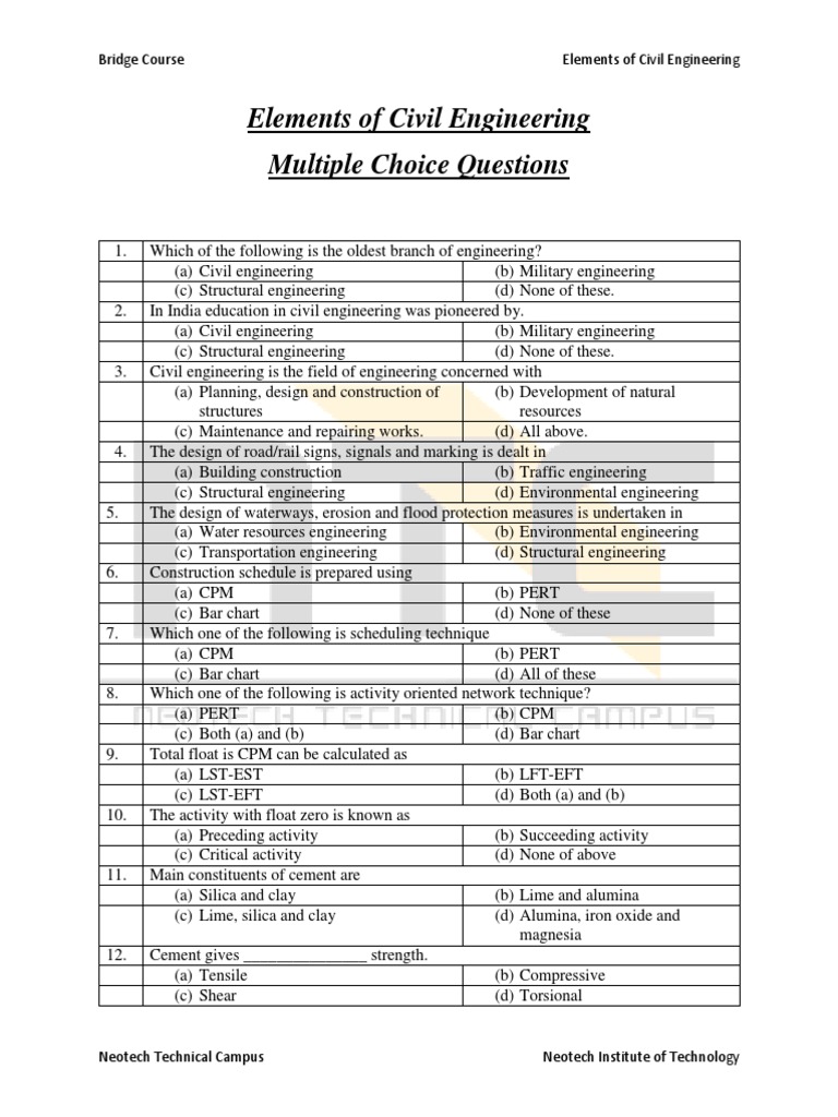 Bridge Course Civil Engineering MCQs | PDF | Contour Line | Mortar ...