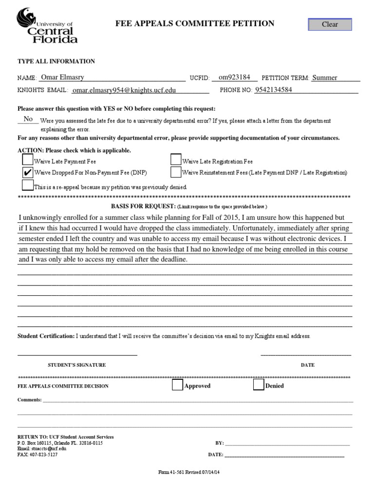 UCF Fee Appeals Petition Form | PDF
