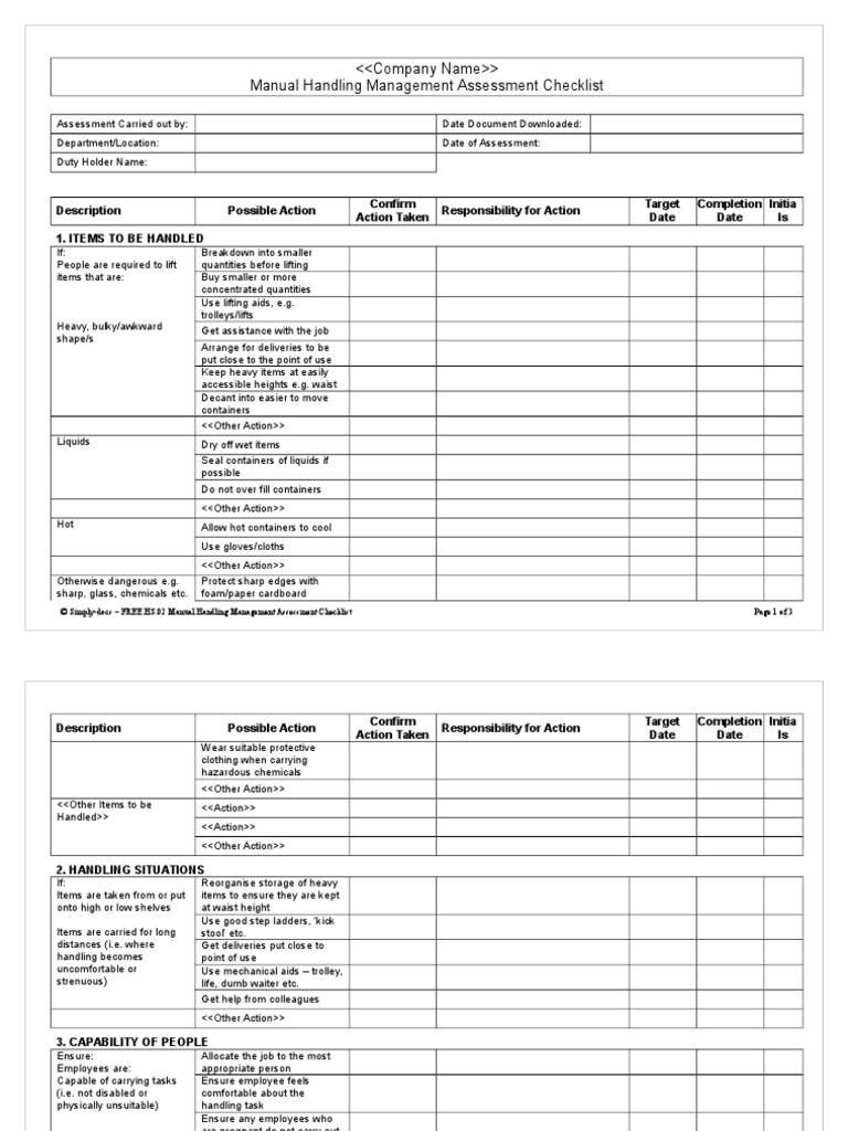Manual Handling Management Assesment Checklist | PDF | Business