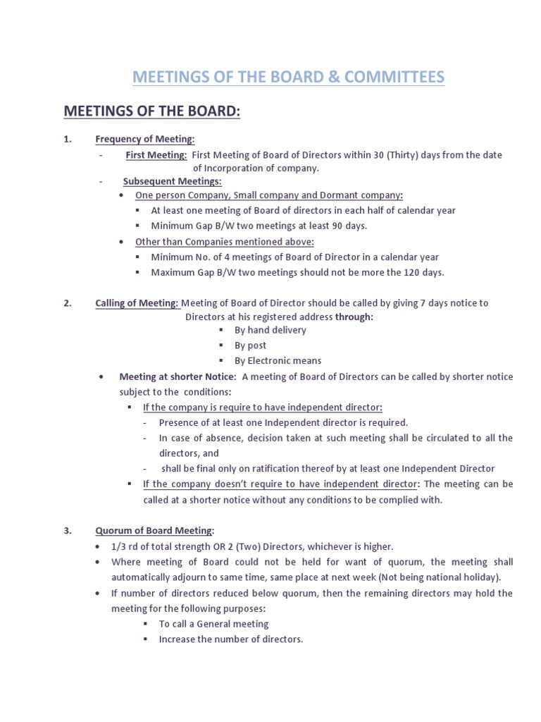 Board Meetings Under Companies Act 2013 | PDF | Audit Committee | Board ...