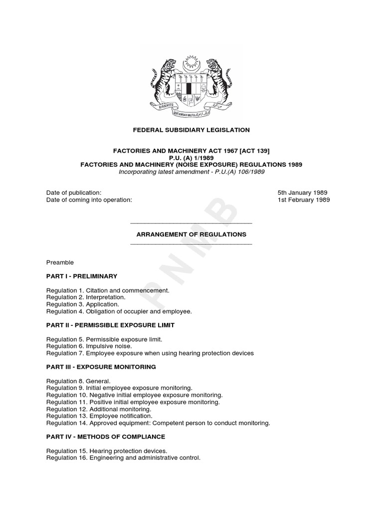 Factories and Machinery (Noise Exposure) Regulations, 1989 Ve Pua1