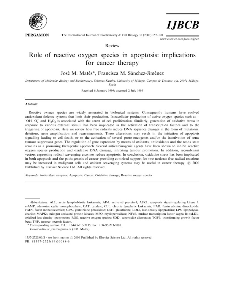 Role of Reactive Oxygen Species in Apoptosis | PDF