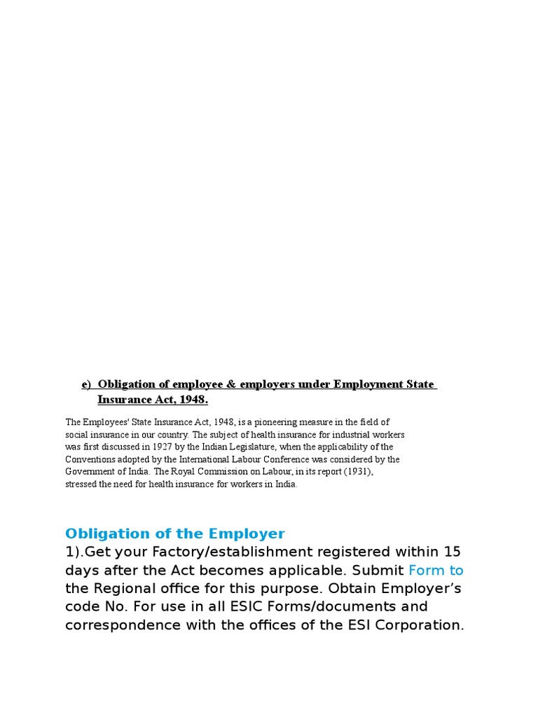 Obligation of The Employer E) Obligation of Employee & Employers Under