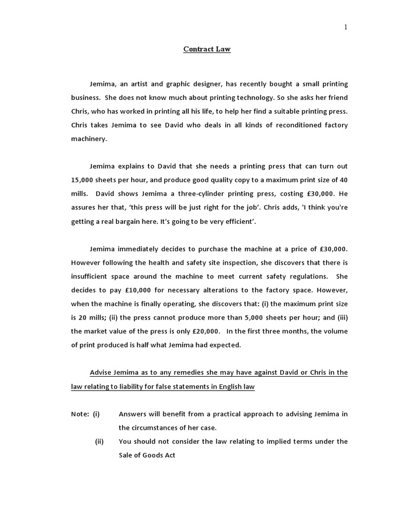 Contract Law Problem Question Misrepresentation In