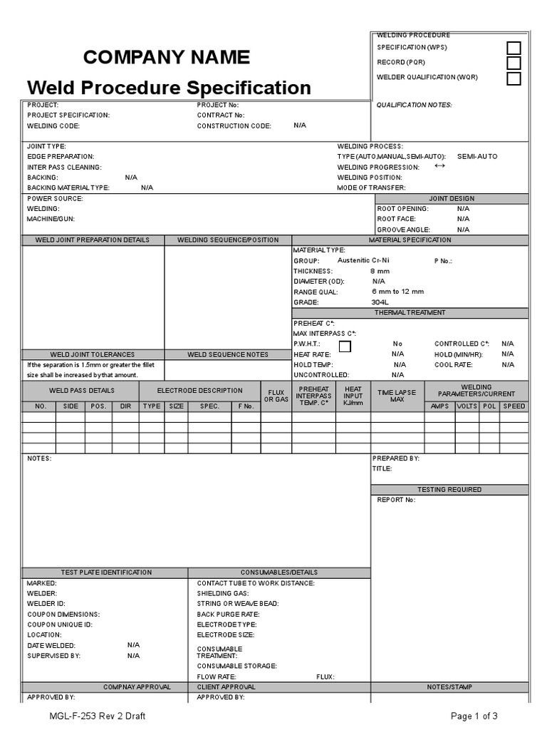 Company Name Weld Procedure Specification | PDF | Welding | Construction