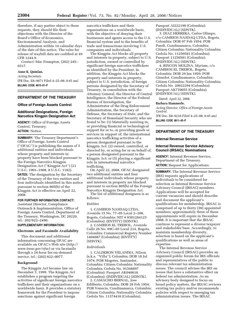 Notice Foreign Narcotics Kingpin Designation Act Additional