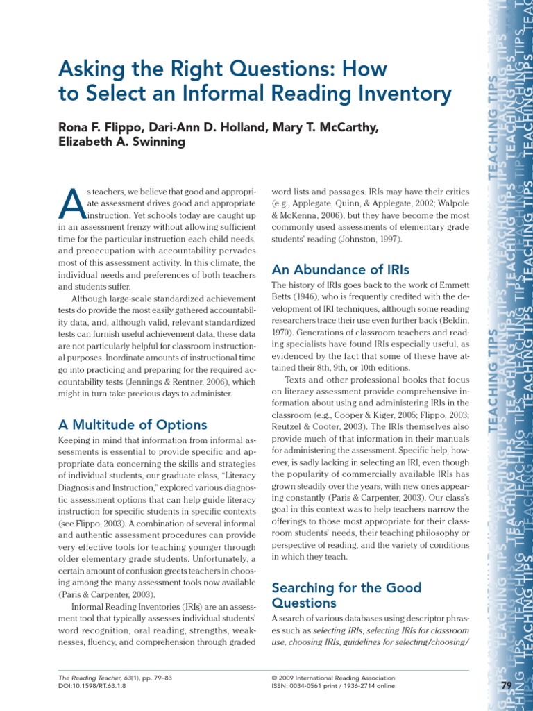 Asking The Right Questions How To Select An Informal Reading Inventory