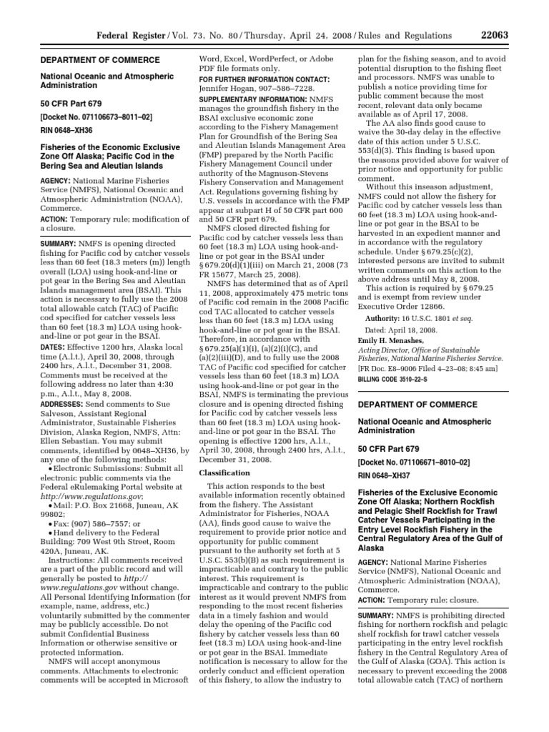 Pacific Cod Fishing Rule Update 2008 | PDF | Fishery | Government