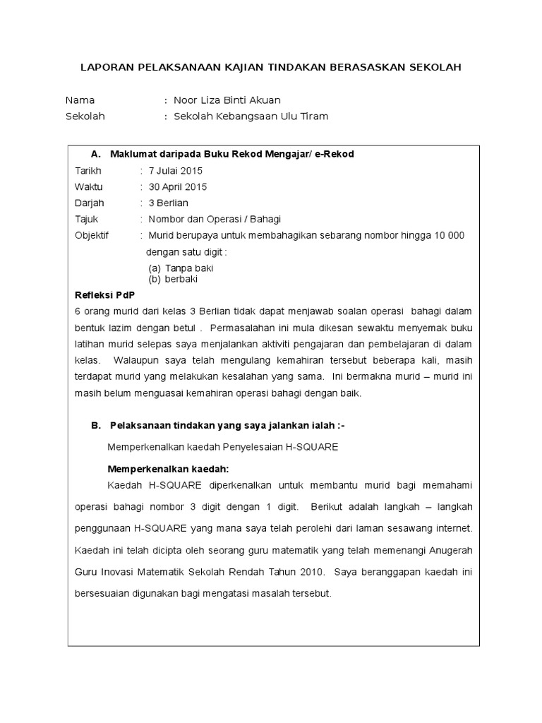 Laporan Pelaksanaan Kajian Tindakan Berasaskan Sekolah  PDF