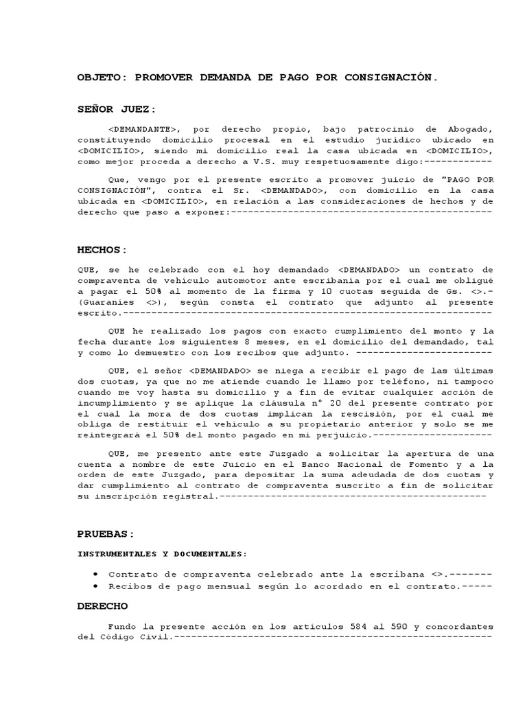 Demanda de Pago en Consignación | PDF | Demanda judicial | Pagos