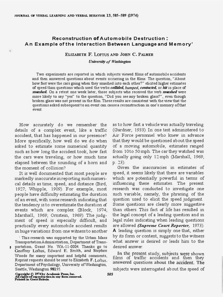 Loftus and Palmer (1974) Memory Traffic Collision
