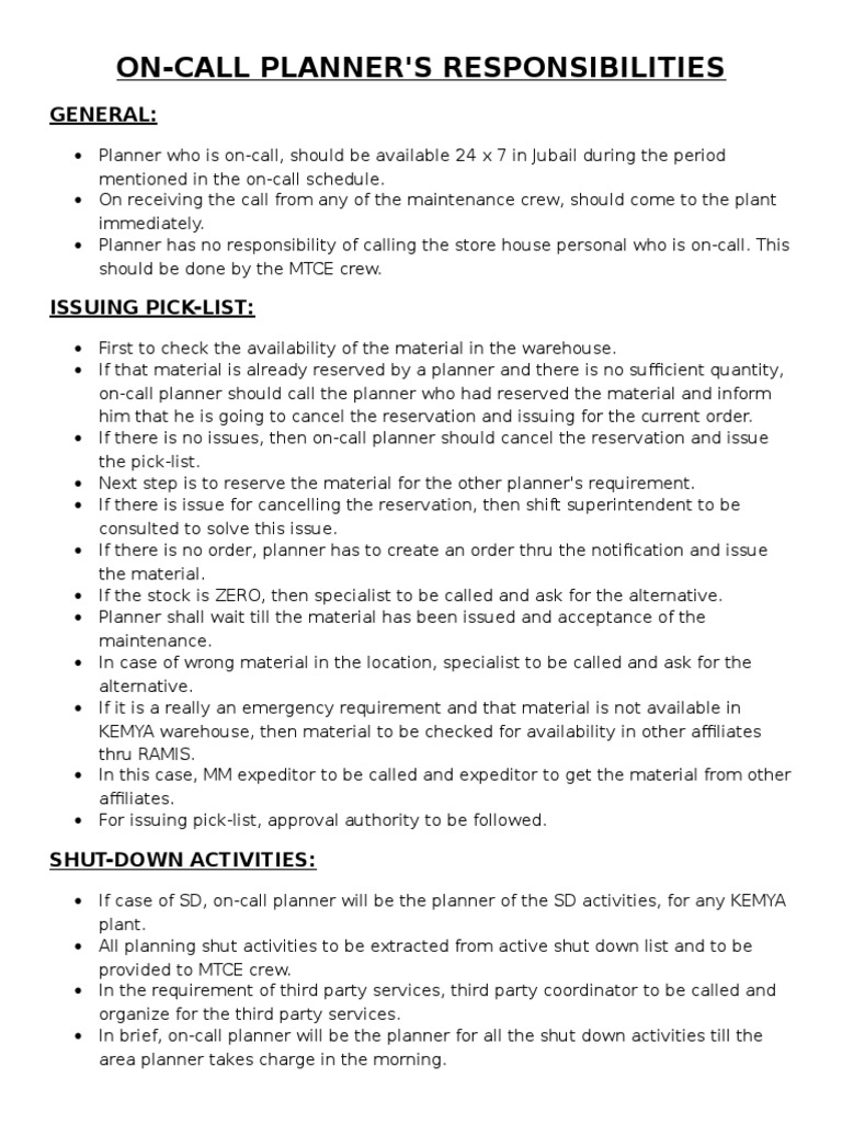 On-Call Planners Responsiblities | PDF | Business
