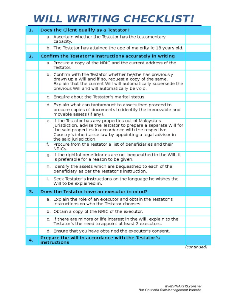 WillWritingChecklist2014.doc Will And Testament Civil Law (Legal