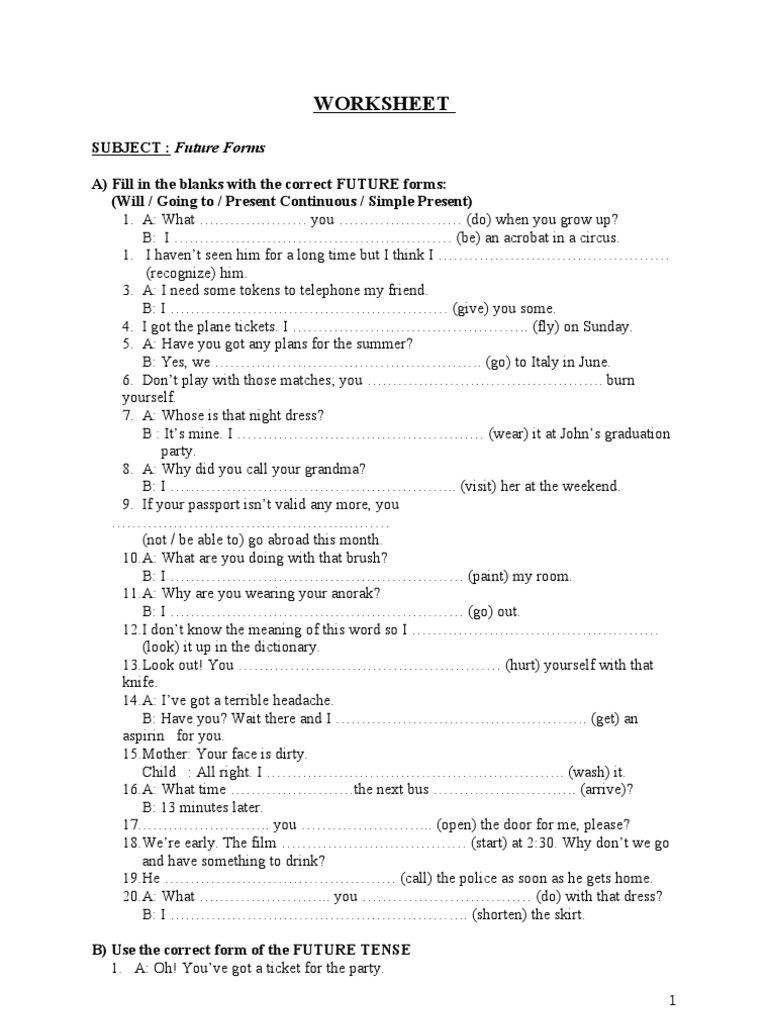 Worksheet Future Tenses