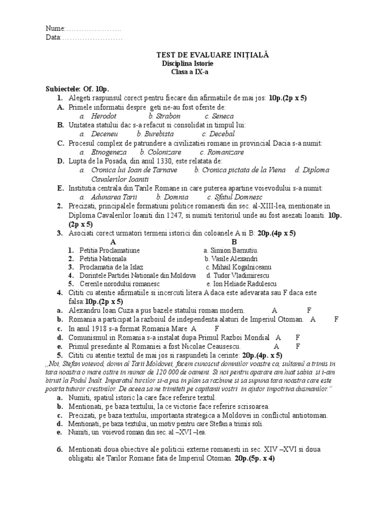 Test de Evaluare Initiala 2013 Cls. 9 | PDF