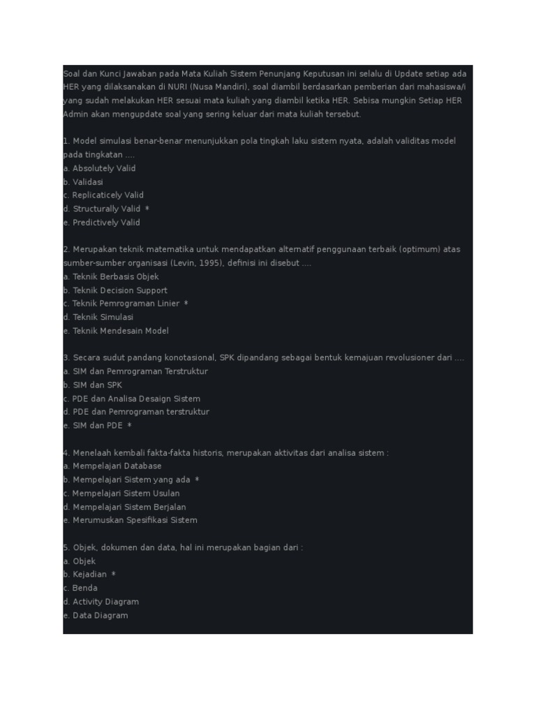 Soal Dan Kunci Jawaban Pada Mata Kuliah Sistem Penunjang Keputusan Ini Selalu Di Update Setiap Ada Her Yang Dilaksanakan Di Nuri