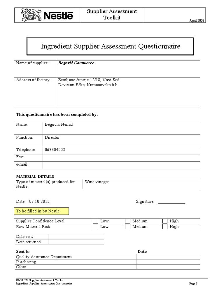 Ingredient Supplier Assessment Questionnaire | Audit | Calibration