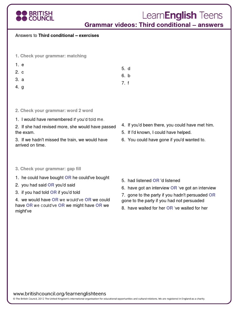 Grammar Videos: Third Conditional - Answers: 1. Check Your Grammar ...