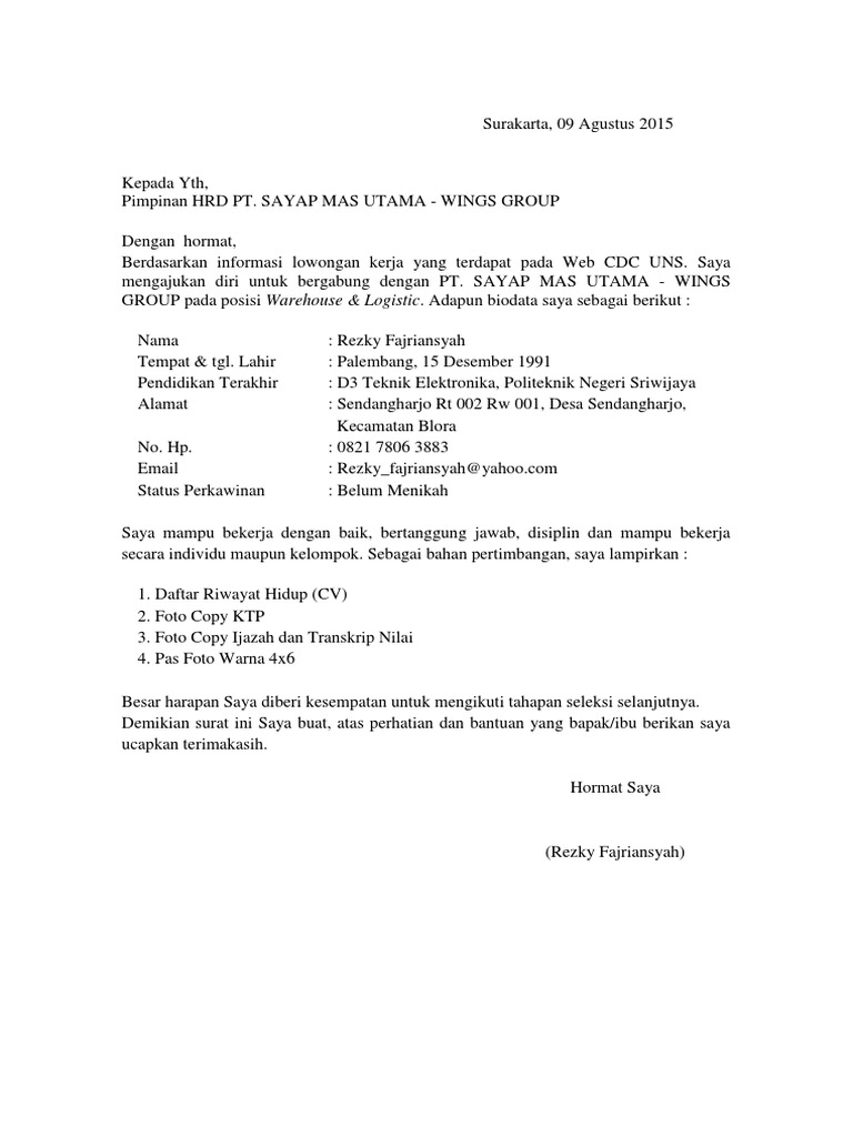 Contoh Surat Lamaran Kerja Pdf
