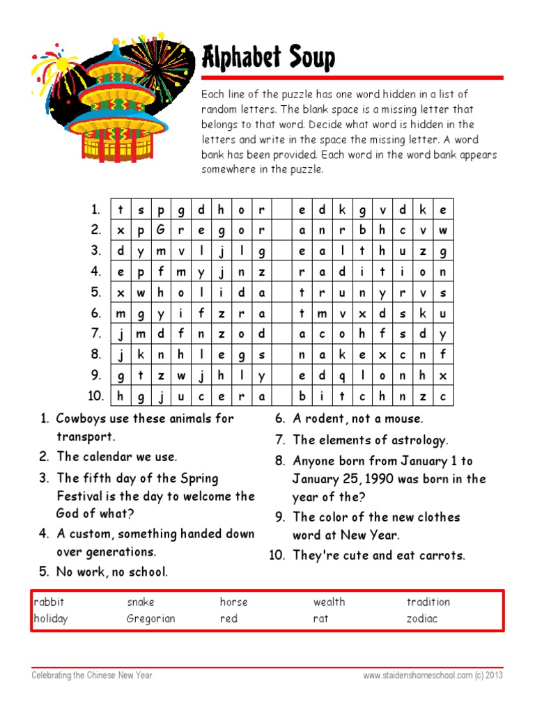 Chinese New Year Worksheet with Answer Key Alphabet Soup | Teaching And
