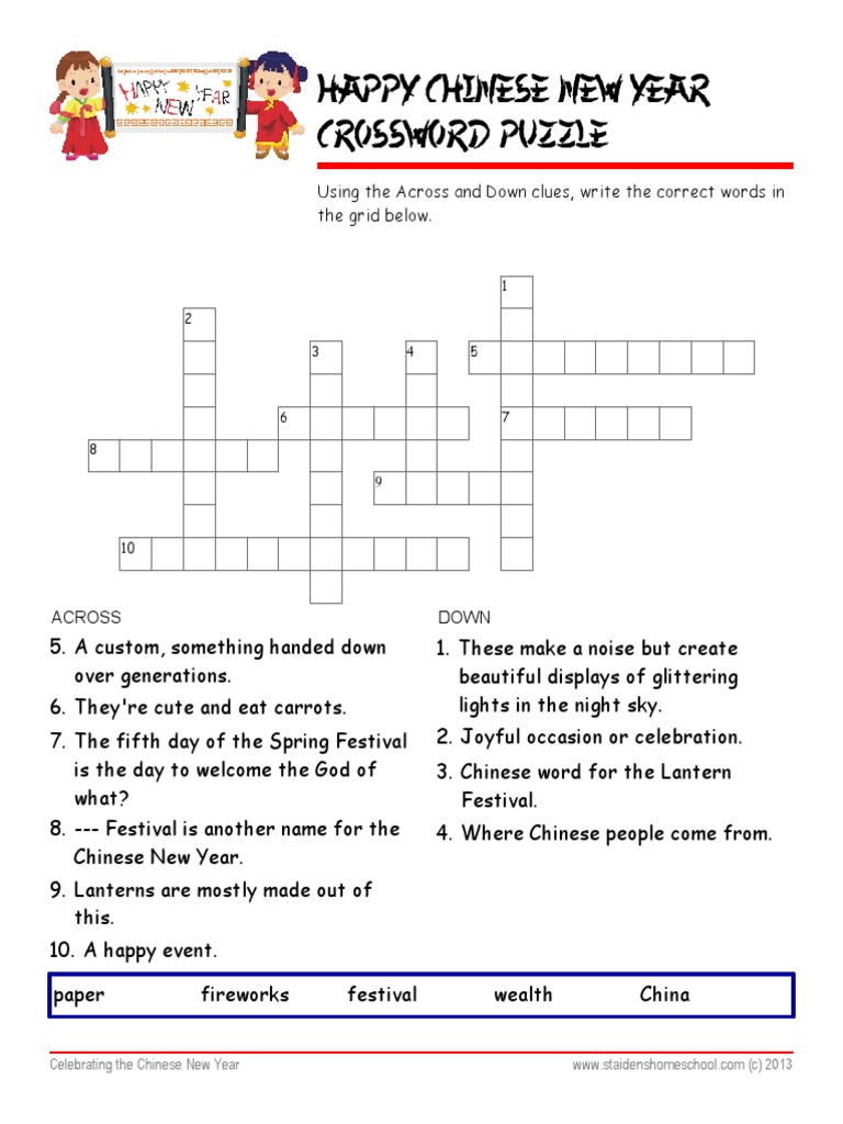 Chinese New Year Crossword Puzzle Worksheet With Answer Key | PDF