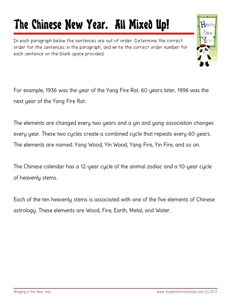 Chinese New Year Worksheet with Answer Key Mix-up