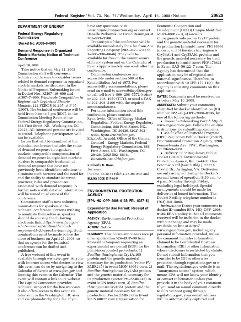 Notice Request Under Blanket Authorization Demand Response in